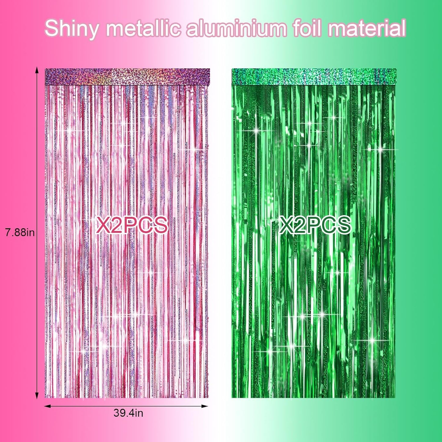 4 Packs Pink and Green Foil Fringe Curtain, Pink Green Metallic Tinsel Backdrop for Birthday, Baby Shower, Princess Bachelorette Party, Witch Party Decorations Supplies