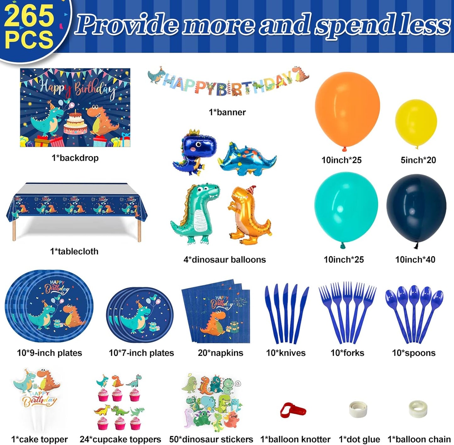 265 PCS Dinosaur Party Decorations, Blue Dinosaur Birthday Party Supplies for Boys Include Dino Balloons, Customized Backdrop, Happy Birthday Banner, Tablecloth, Plates, Cake Toppers