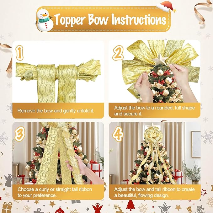 Dayker Christmas Tree Topper Bow, 51x13 Inches Handmade Gold Wreath Bows, Large Ribbon Ornaments with Wired Edge, Xmas Long Streamers Bowknot for Birthday Wedding Party Home Door Porch Decor