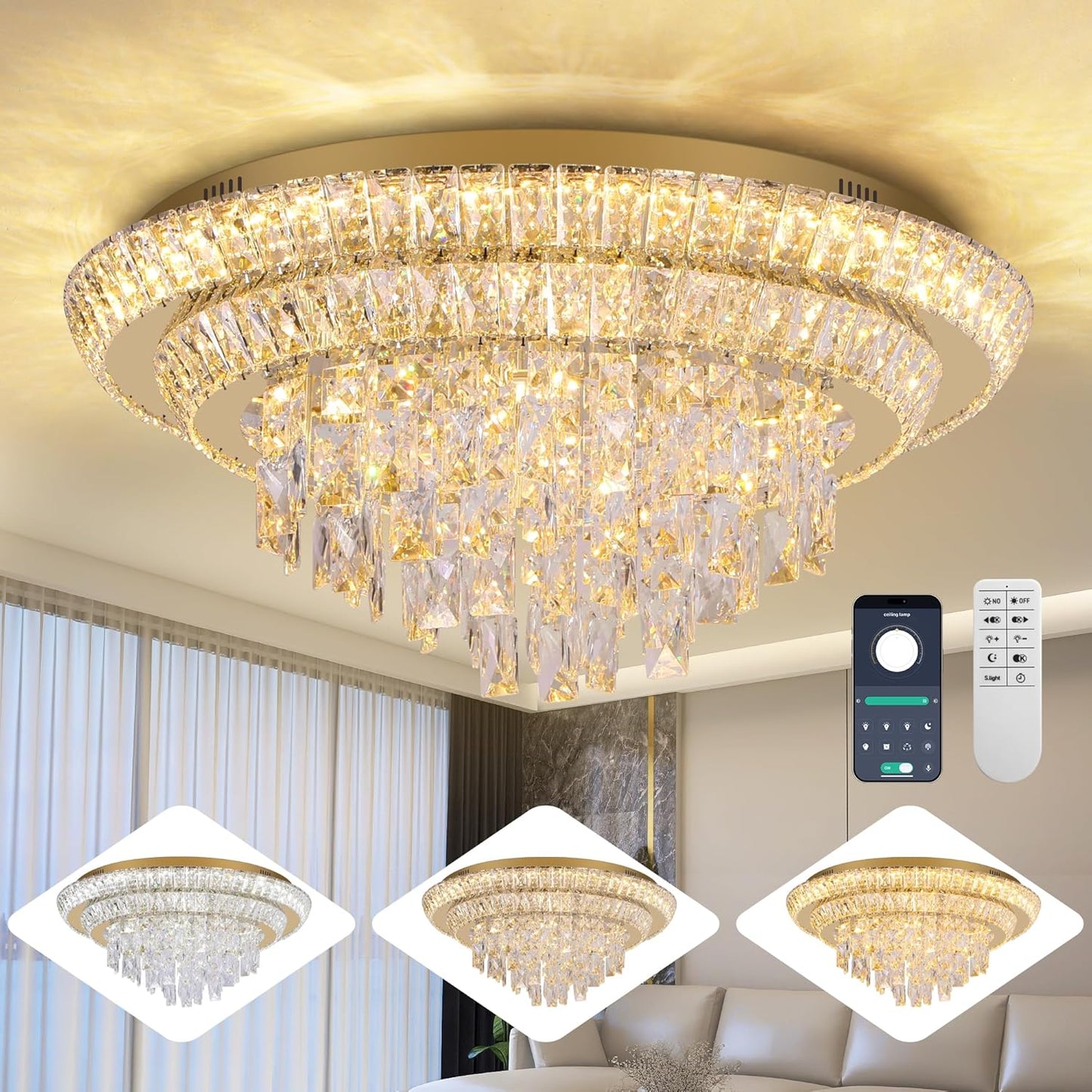 24 inch Crystal Gold Ceiling-Light Flush Mount with Remote Control and APP, 3CCT Dimmable & Brightness Adjustable, Modern Crystal Raindrop Chandeliers for Bedroom Hallway Dinning Room Living Room