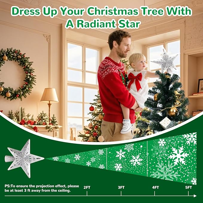 Christmas Tree Topper Star: Lighted with 6 Projected Patterns Snowflake Projector Lights-3D Hollow Glitter LED Magic Rotating Light for Christmas Tree Decorations Ornament Silver