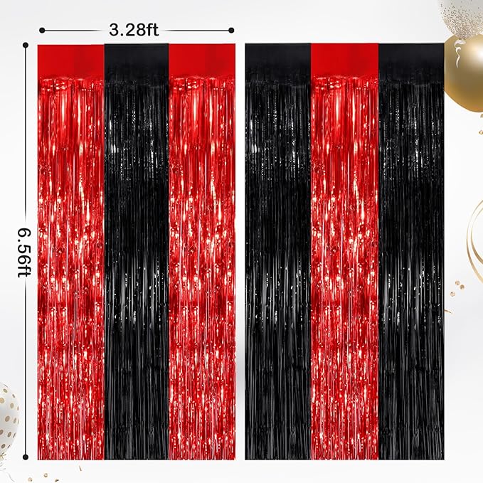 2 Pack Black Red Metallic Tinsel Foil Fringe Curtains, Door Streamers Photo Booth Backdrop for Birthday Party, Tinsel Curtain Backdrop for Baby Shower Bachelorette Christmas Party Decorations