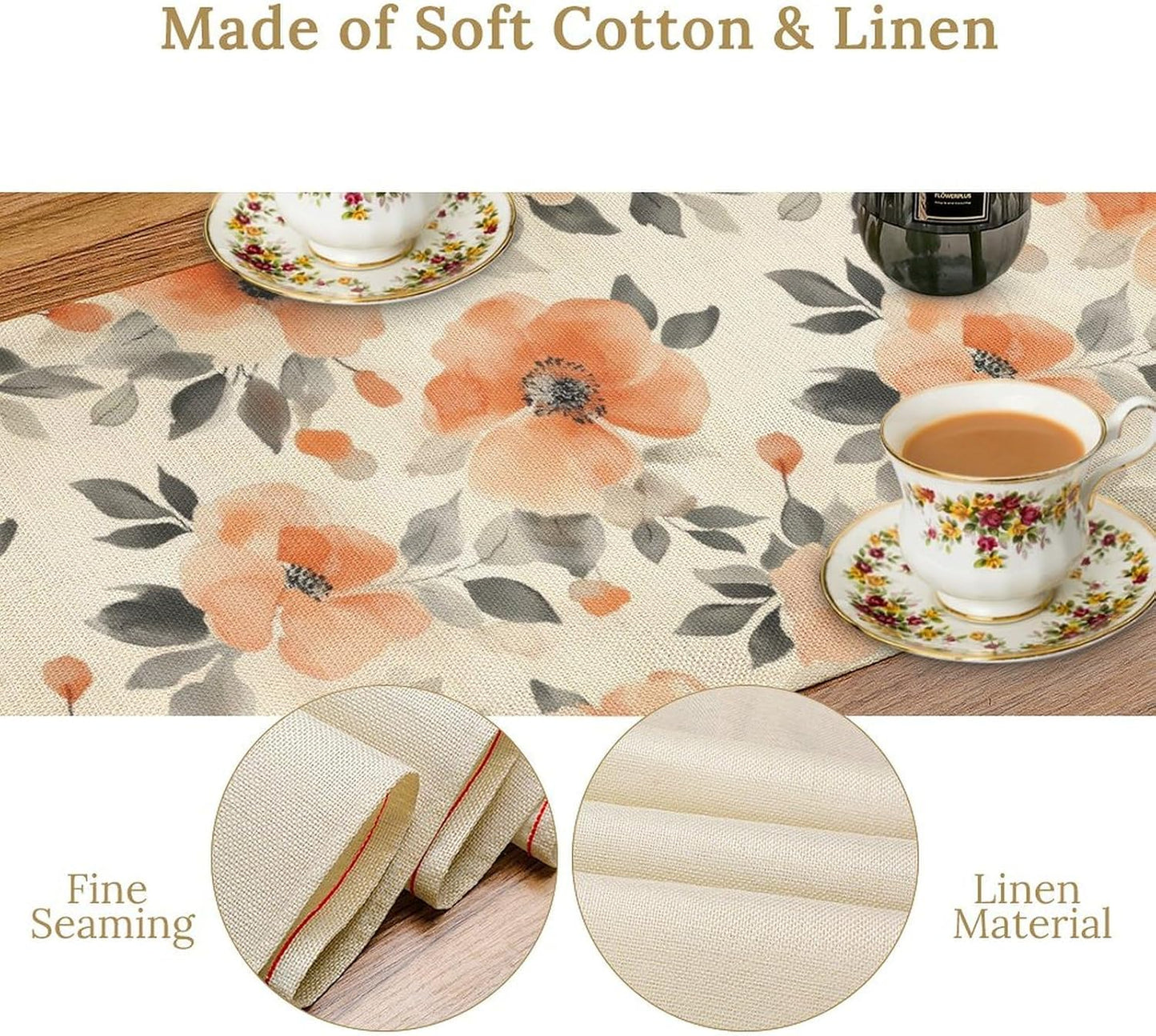 Floral Fall Table Runner, Rustic Watercolor Orange Flowers Seasonal Summer Autumn Table Runner for Kitchen Dinning Table Runner Decor Home Wedding Party Holiday, 13x120 Inch