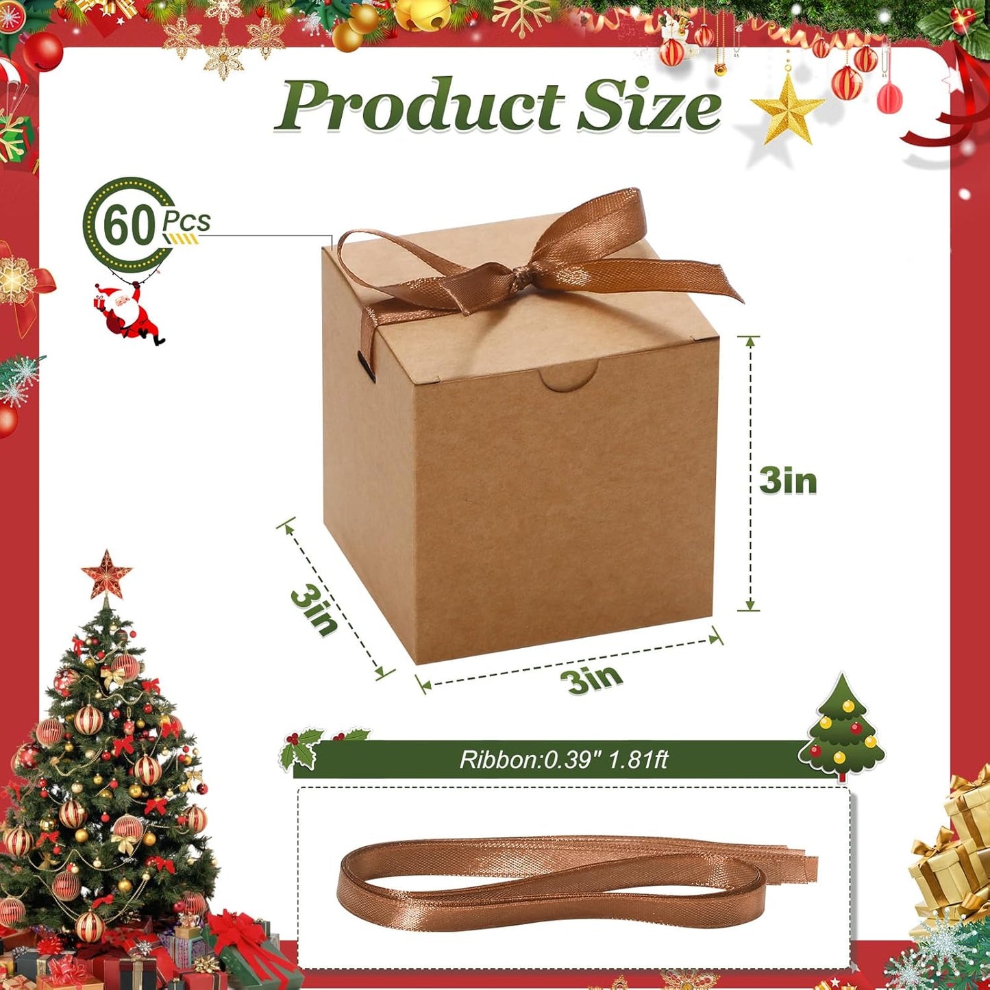 DOYIDE 60 Pcs Small Gift Boxes, 3x3x3 inches Kraft Paper Gift Box with Ribbons, Brown Candy Boxes for Christmas Wedding Favors Baby Shower Bridal Shower Birthday Party