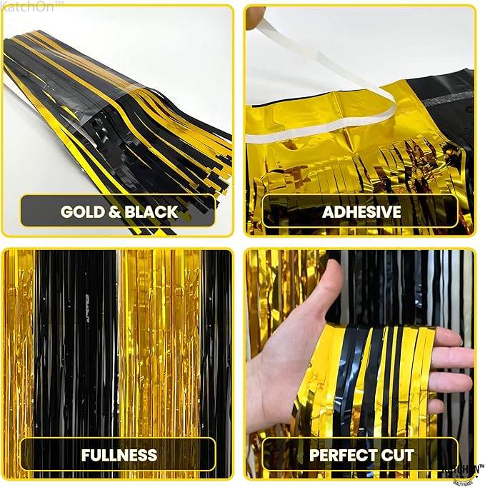 KatchOn, Xtralarge Black and Gold Streamers - 8x3.2 Feet, Pack of 2 | Black and Gold Fringe Curtain for Black and Gold Party Decorations | Black and Gold Backdrop, Graduation Decorations 2024