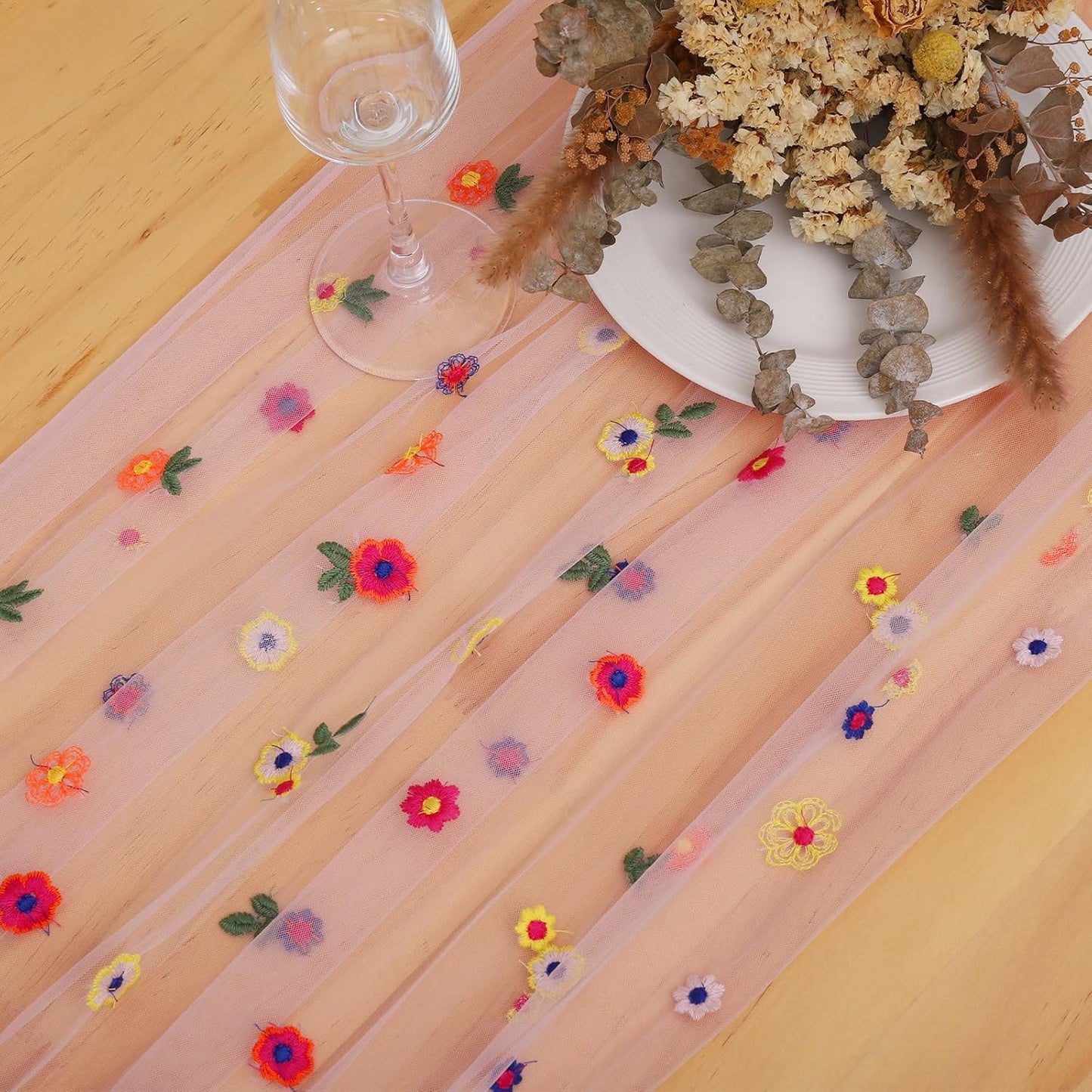 BINBE 3pcs Pink Daisy Fall Table Runner Embroidery Gauze 10FT Florals Seasonal Tulle Holiday Birthday Kitchen Dining Table Decor for Home Party