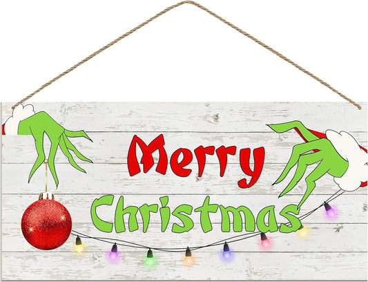 Merry Christmas Hanging Door Sign, Crazy Funny Green Festive Wooden Wall Welcome Decor Winter Farmhouse Style Outdoor Indoor Xmas Tree Ornaments for Home Office Holiday Party