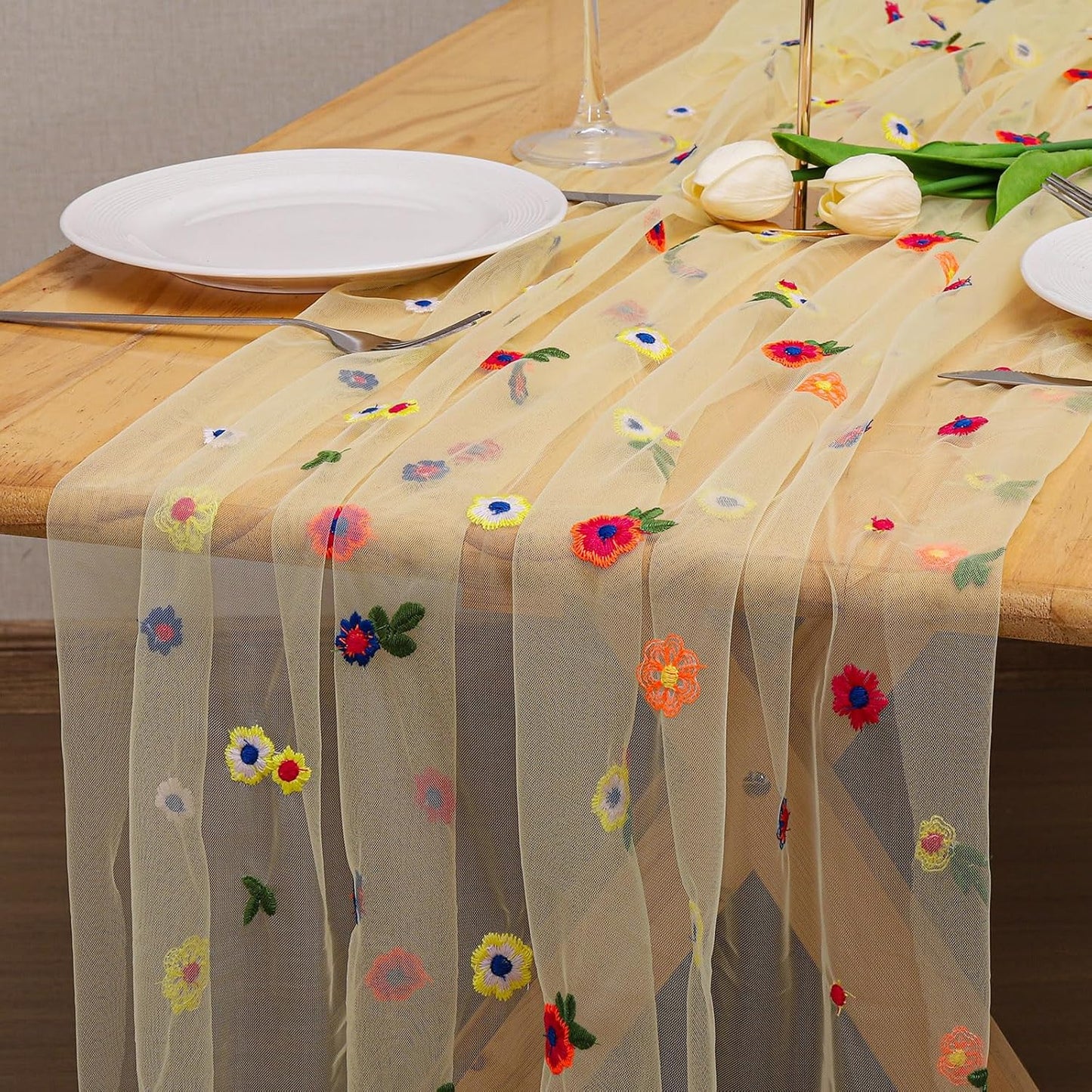 BINBE 12pcs Daisy Fall Table Runner Embroidery Gauze 10FT Florals Seasonal Tulle Holiday Birthday Kitchen Dining Table Decor for Home Party Yellow