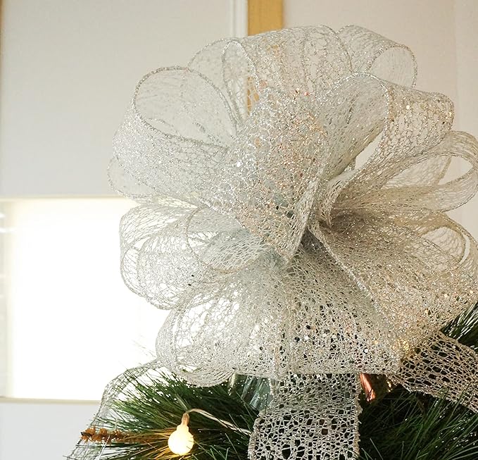 CT CRAFT LLC Silver Glitter Mesh Christmas Tree Topper Bow 11" with 4 Ribbon Streamers x 3 Yards Long Each for Holidy Elegant Fancy Home Décor Indoor