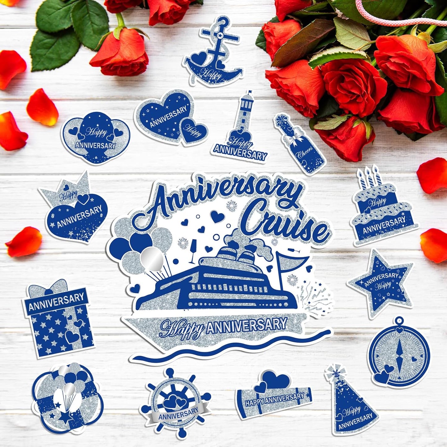 Happy Anniversary Cruise Door Magnets Decorations, Blue Silver Happy Anniversary Cruise Ship Door Decor Magnetic for Married Men Women Wedding Party Refrigerator Fridge Car Kitchen Garage Personalized