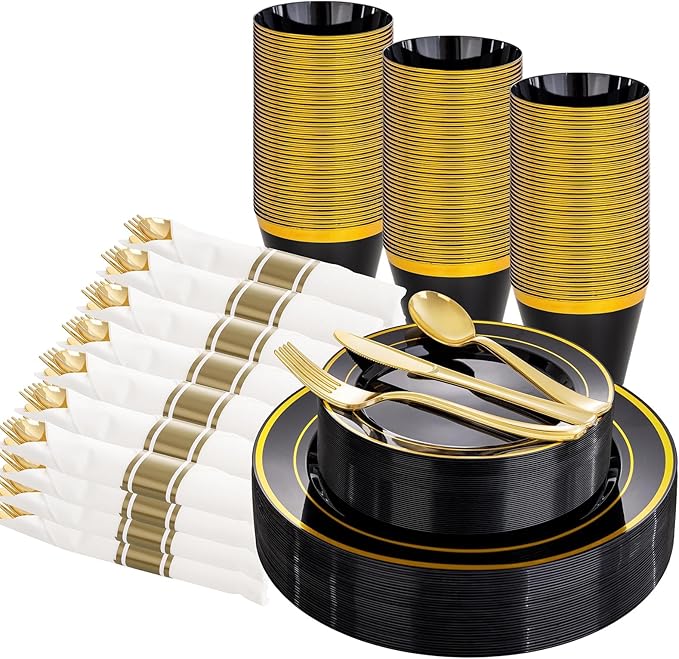 WELLIFE 210PCS Black and Gold Plastic Plates - Plastic Dinnerware Set for 30 Guests,Include 30 Dinner Plates, 30 Dessert Plates, 30 Black Cups 9 OZ, 30 Pre Rolled Napkins with Gold Silverware