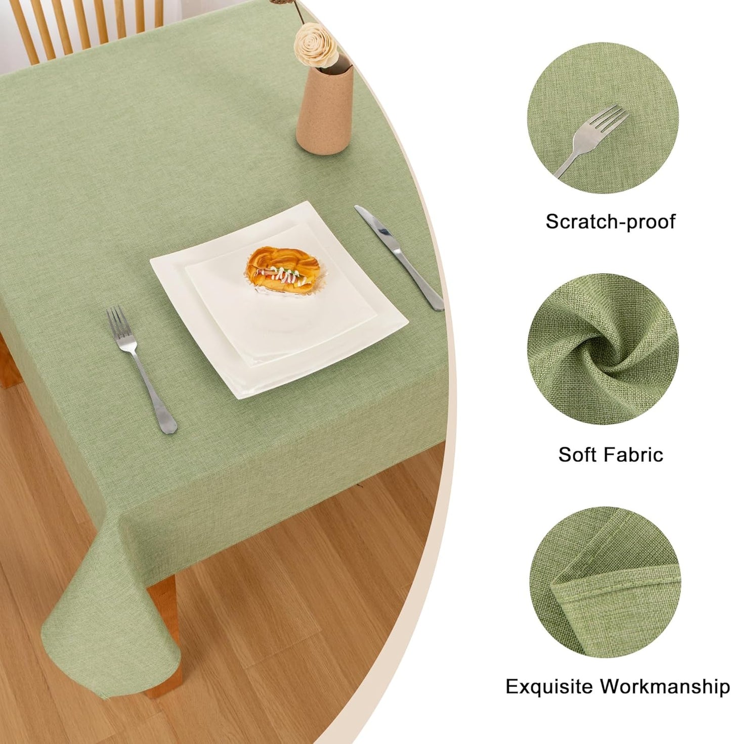Hiasan Faux Linen Rectangle Tablecloth - Wrinkle and Stain Resistant Washable Table Cloth for Kitchen Dining Room Holiday Table Cover for Dinner, Green, 70 x 90 Inch