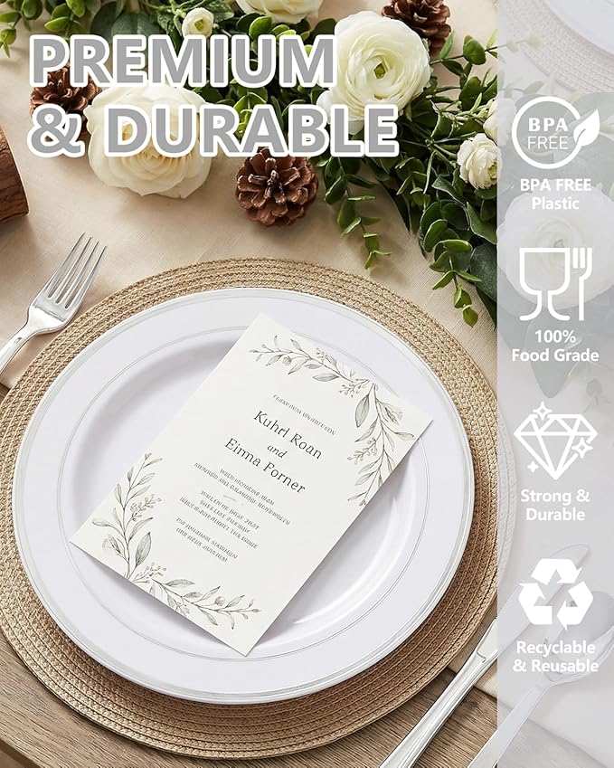 GATHER 700PCS Silver Plastic Plates - Silver Disposable Dinnerware Sets 100 Guest Include 200 Plates, 300 SIlverware, 100 Napkins, 100 Cups For Wedding & Party