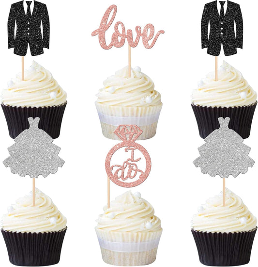 24 PCS Groom and Bride Cupcake Toppers Glitter Ring Love I Do Cupcake Picks Marriage Bridal Shower Cake Decorations for Wedding Engagement Bridal Shower Theme Party Supplies Rose Gold