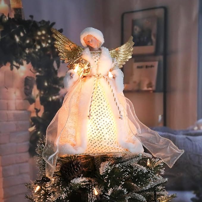 Angel Christmas Tree Topper with Lights, 12 Inch Lighted Angel Xmas Tree Toppers Decoration, Luxury White Fabric Angel Figurine Ornament for Christmas Tree Holiday Party Indoor Decor