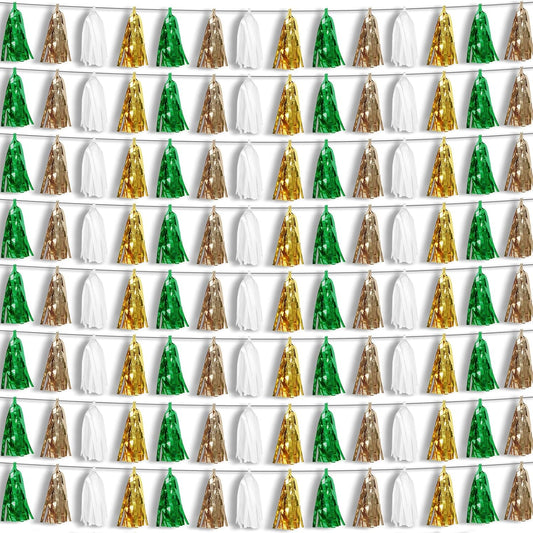 8P Sage-Green Beige-Mint Gold Foil Fringe Metallic Tassel Garland Banner, Tassels Banner Streamers for Parade Floats, Bachelorette, Wedding, Birthday, Christmas, Bridal/Baby Shower Party Decorations