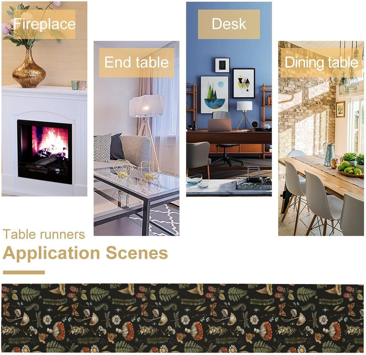 Mushroom Table Runner,Retro Forest Plant Table Runner for Kitchen Dining Table Home Party Decoration 13x72 Inch