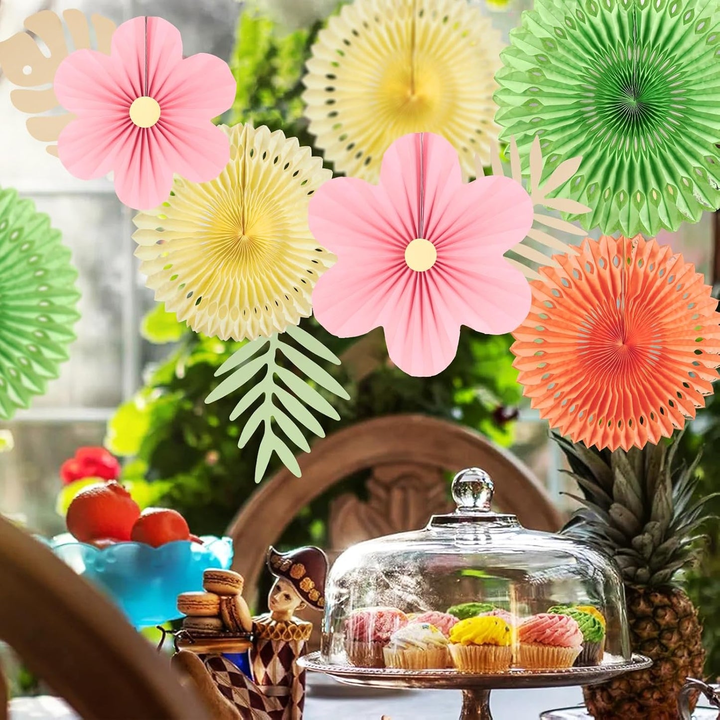 SUNBEAUTY Paper Flowers Pink and Green Party Decorations Hanging Fans Spring Summer Decor for Wall Wedding Backdrop Bridal Shower Birthday - 9Pcs