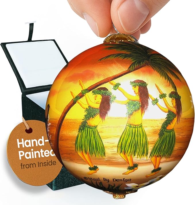 Collectible Maui Christmas Ornament - Sunset Hula Hand Painted from Inside Collectible with Gift Box SH/M