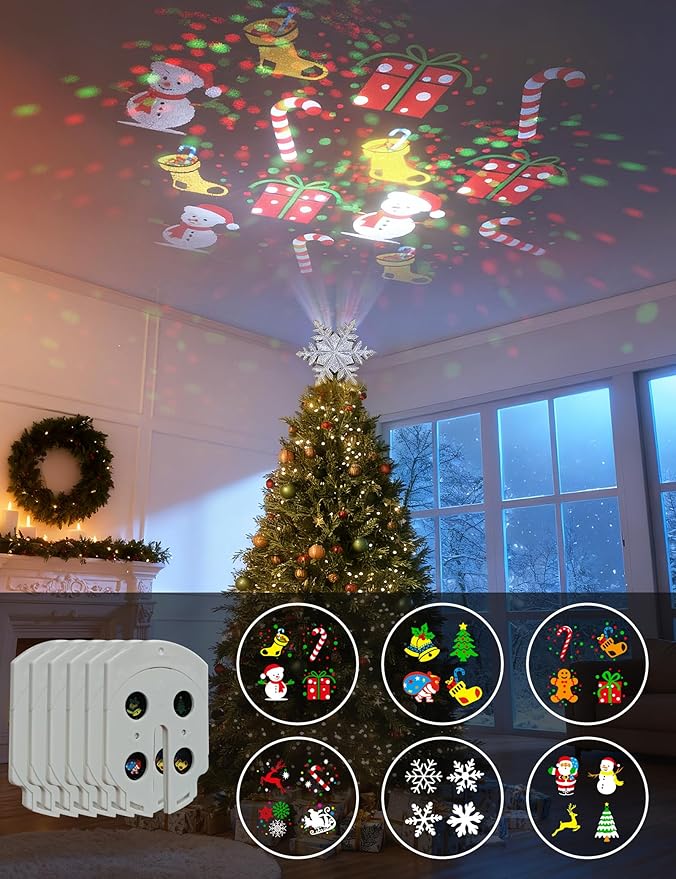 DG-Direct Christmas Tree Topper Lighted with 6 Projected Patterns, Led Rotating Magic Snowflake, 3D Hollow Glitter Lighted Silver Snow Tree Topper for Christmas Tree Decorations, Silver