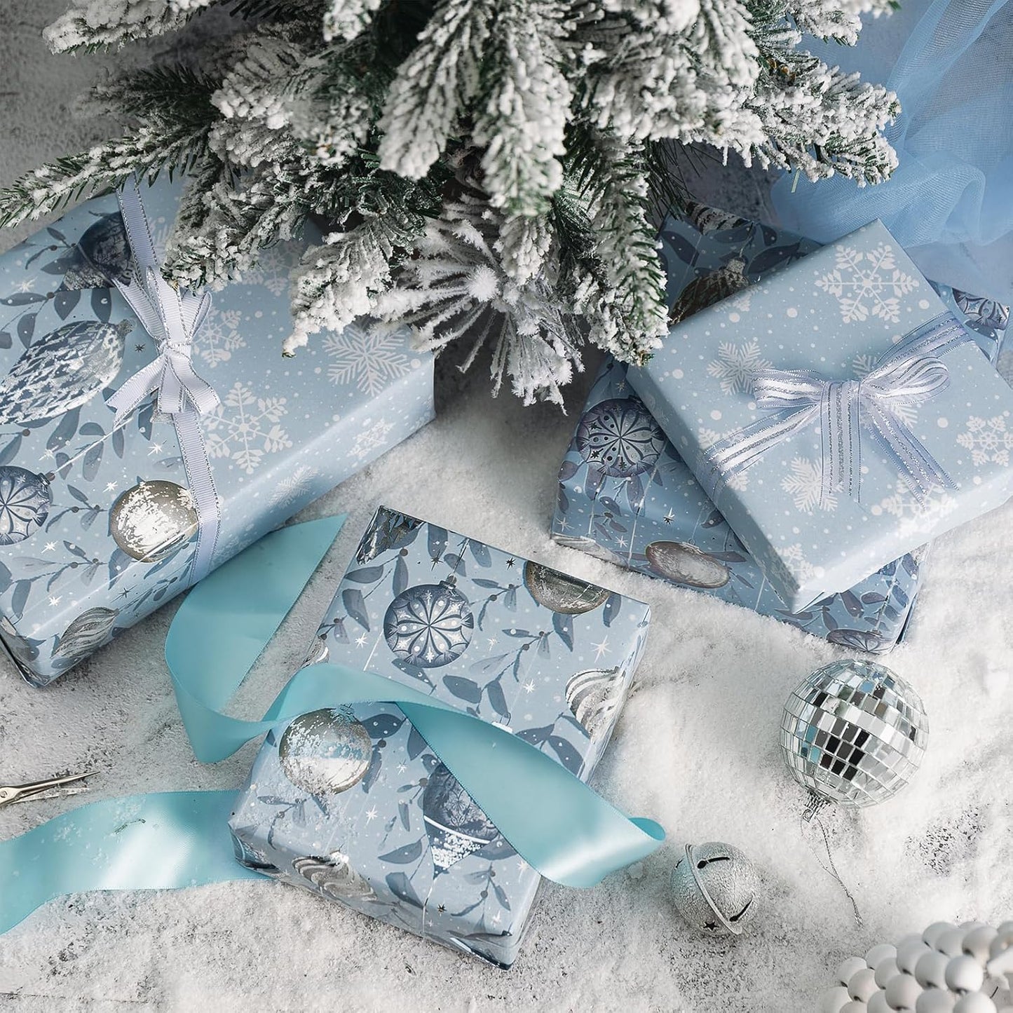 LeZakaa Christmas Silver Wrapping Paper Mini Roll, Silver Blue Christmas Ornaments, White Blue Snowflakes Metallic Foil, Reversible Design for Winter Holiday Family Gathering, 17 inches x 32.8 Feet
