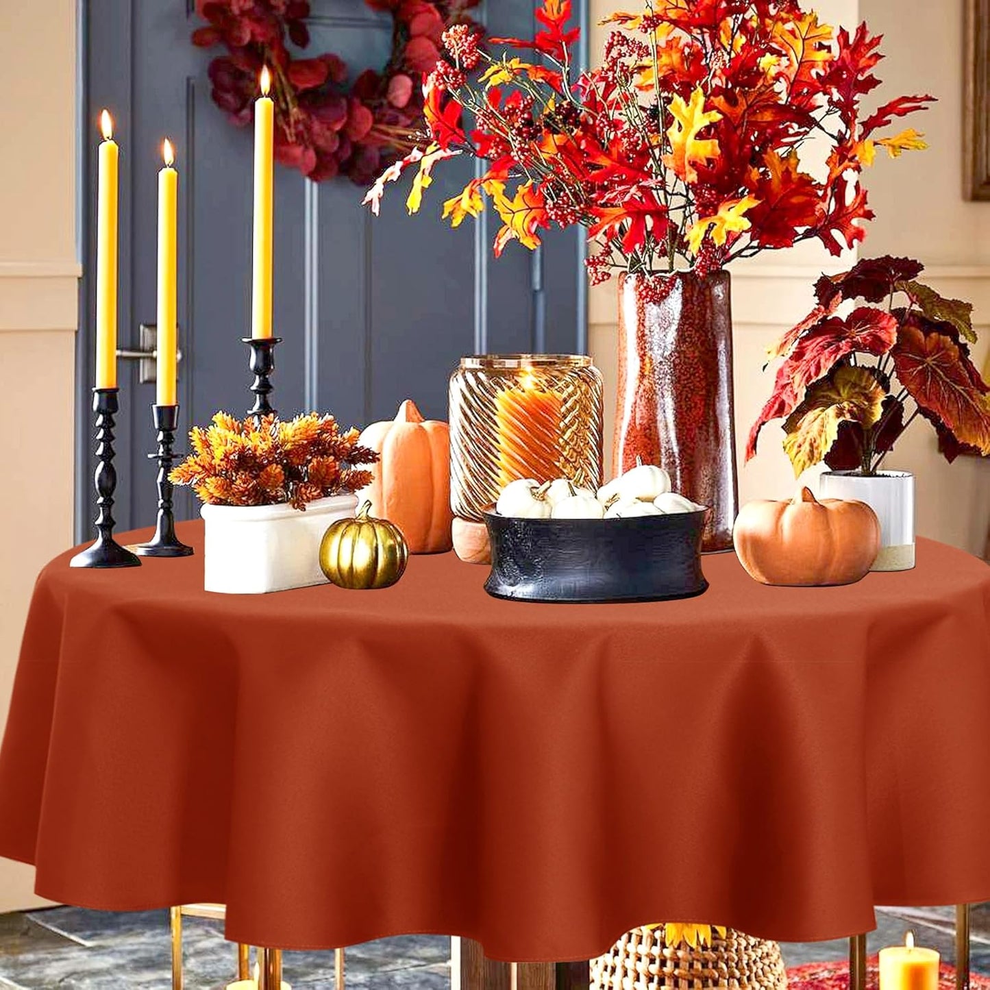 sancua Fall Round Tablecloth - 60 Inch Burnt Orange - Water Resistant Spill Proof Washable Polyester Thanksgiving Table Cloth Decorative Fabric Table Cover for Dining Buffet Parties and Camping, Rust