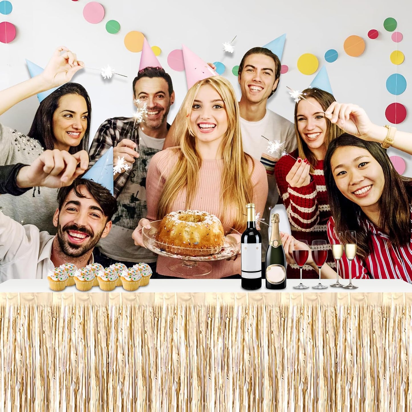 3 Pack 29x108 Inch Champagne Gold Foil Fringe Table Skirts Metallic Banner for Tinsel Streamer Garland Backdrop for Parade Floats Wedding Thanksgiving Birthday Christmas Halloween Party Decoration