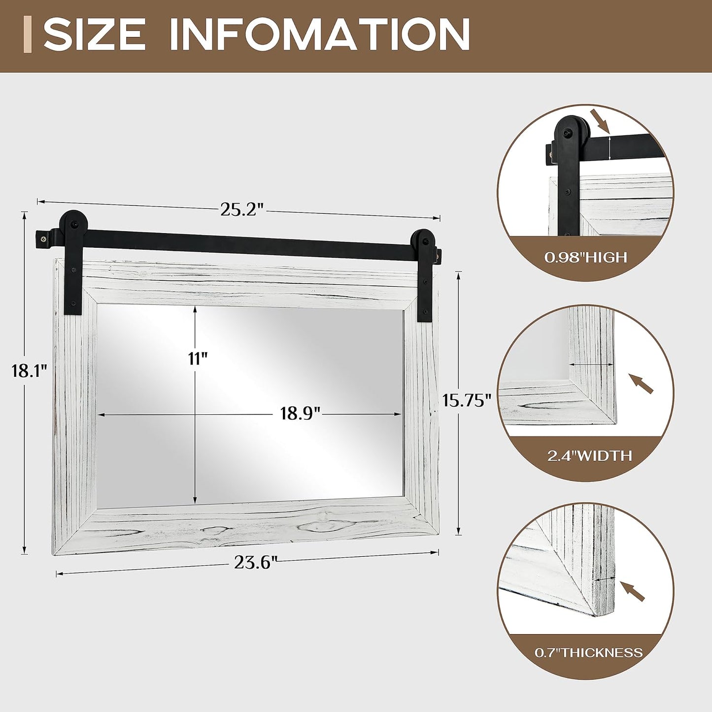 COGOOD Farmhouse Barn Door Mirror - 25 x 18 Rustic Wood Framed Decrative Mirror for Bathroom, Living Room, Entryway Wall Decor (White)