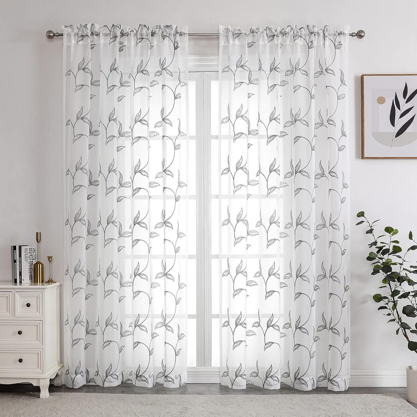 VISIONTEX Sheer Curtains 63 Inch Length 2 Panels, Decor Iron Grey Vine Leaves Embroidery on White Voile Pair, Accent Semi Window Drapes for Kitchen, Living Room and Bedroom, 54" W x 63" L