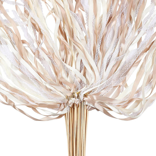Sumind 40 Pieces Ribbon Wedding Streamers with Bells, Lace Fairy Wand Stick Party Ribbon Streamers Chromatic Silk Streamers for Party, Birthday and Holiday (Champagne)