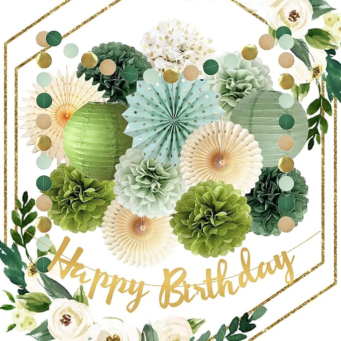 Olive Sage Green Birthday Party Decorations Sage Birthday Party Décor Tissue Paper Pom Poms Flowers Paper Fans Circle Dot Garlands Olive Green Party Neutral Birth day Decorations for Women Girls Boys