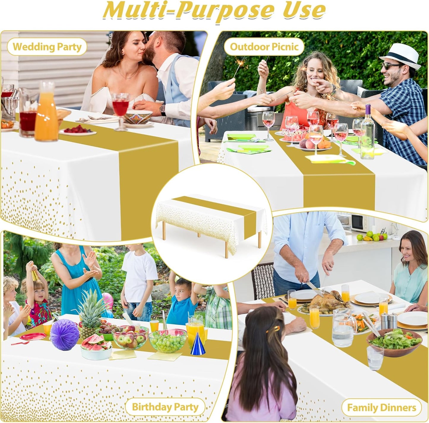 4Pack Disposable Plastic Table Cloths for Parties, 54" x 108" White and Gold Rectangle Table Covers, Waterproof Tablecloth for Rectangle Tables Suitable for New Years Eve Thanksgiving Wedding Supplies