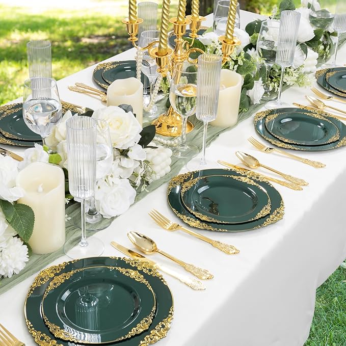 125PCS Green and Gold Plastic Plates - Fancy Green Disposable Plates - Vintage Plate with Gold Plastic Silverware Set for 25 Guests for Party Wedding Holiday