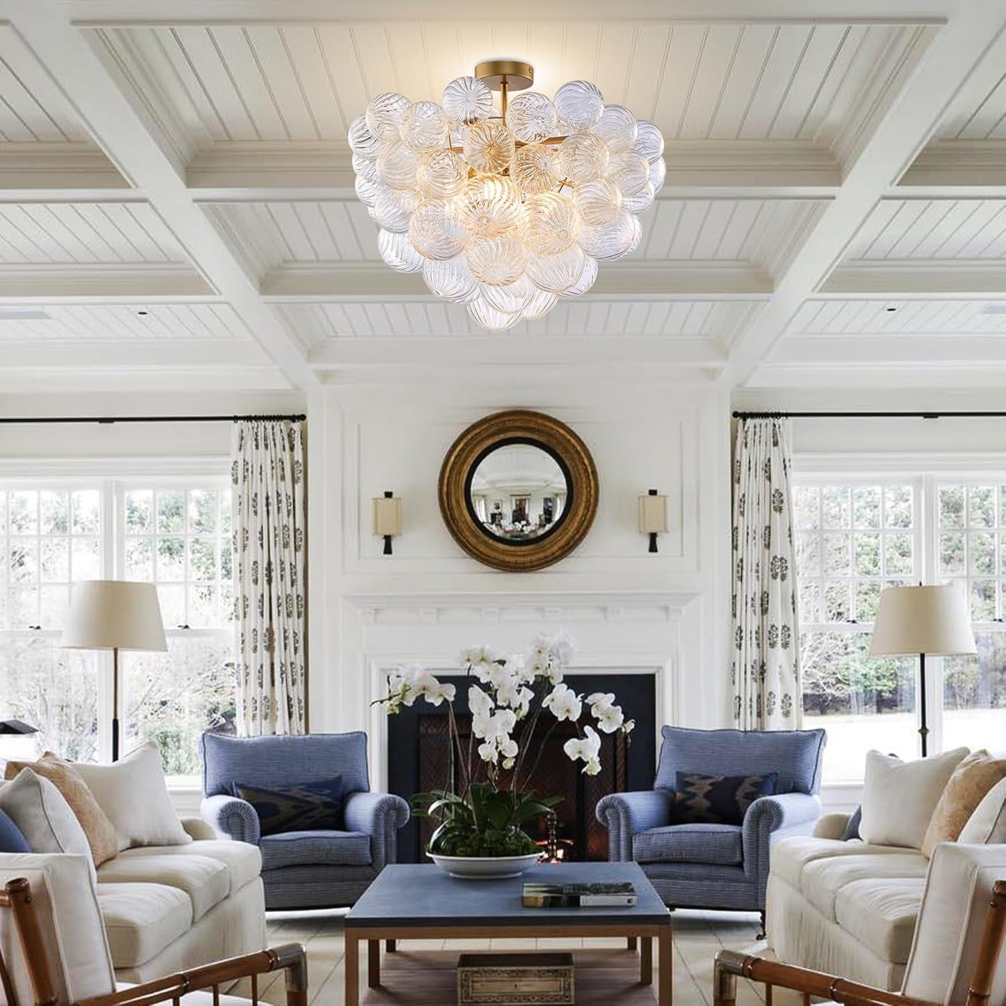 Nordic Bubble Ball Swirled Glass Ceiling Lights Fixture, Dia 24 inch Gild Brass and Clear Blown Glass Small Chandelier for Bedroom Study Bathroom