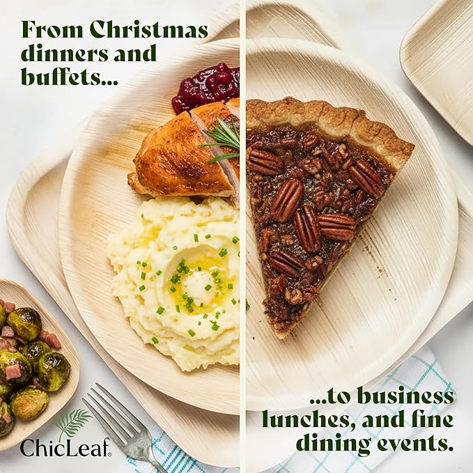 Chic Leaf Palm Leaf Plates Disposable Inch Square Pack Compostable Biodegradable & Eco Friendly Plates, Christmas Dinner Meal, Holiday Turkey - Microwave Safe Disposable (10'' - 25 Pack)