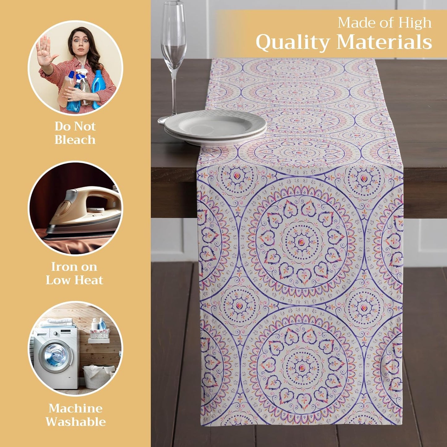 Maison d' Hermine Table Runner 100% Cotton Single Layer Table Runners 72 inches Long Decorative for Home Kitchen Dining Party Baby Shower Wedding Bridal Shower Spring Summer (Mandala, 14.50" x 72")