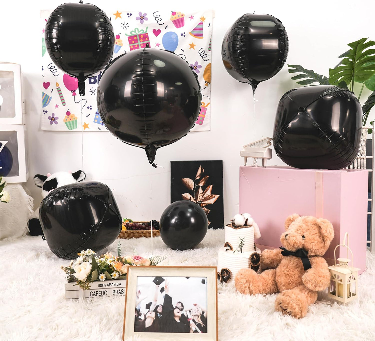 Giant 4D Foil Balloons, 6Pcs Large Metallic Black Round Balloons, 22 Inch Big Round Foil Balloon for Black Birthday Party Baby Shower Wedding Decorations