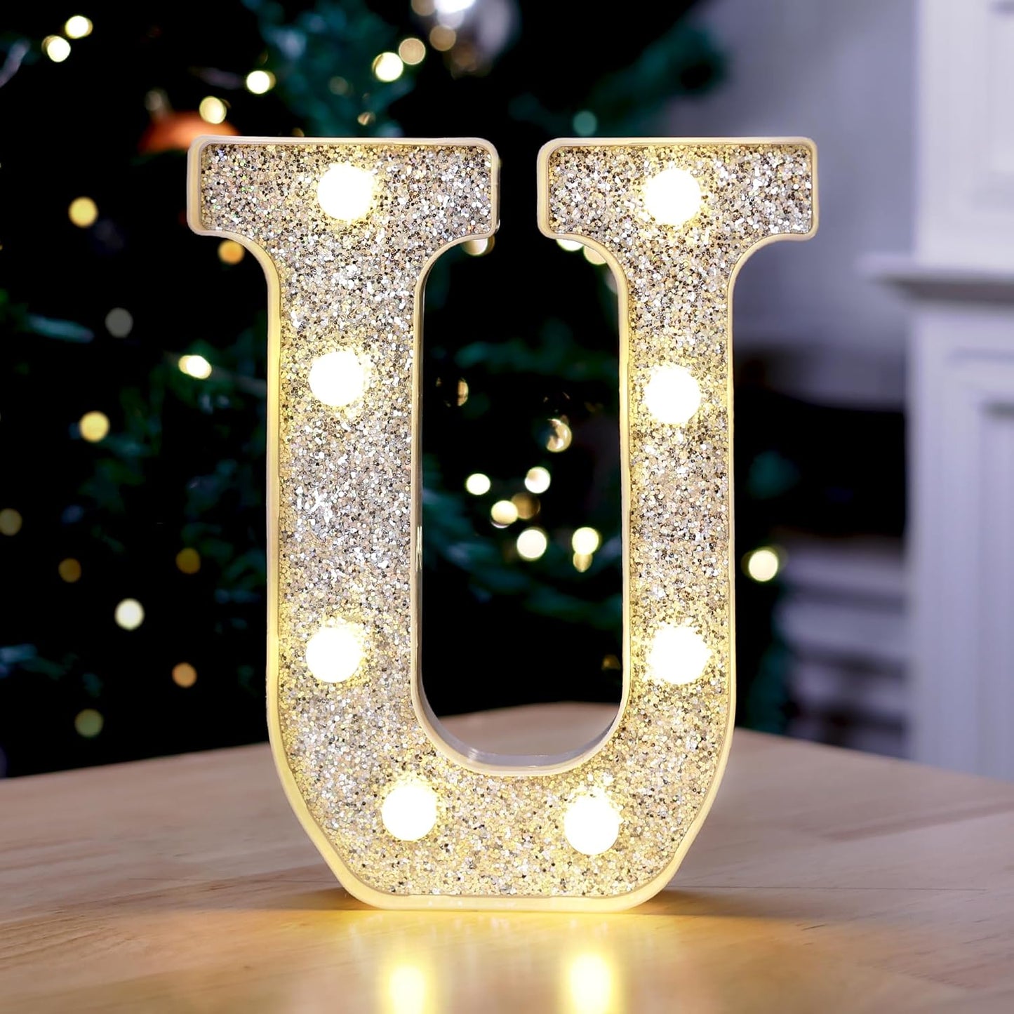 Marquee Light Up Letters, Glitter Silver LED Letter Lights Battery Powered Alphabet Letter Sign for Night Light Wedding Birthday Party Cafe Bar Decoration Girls Room Decor - U