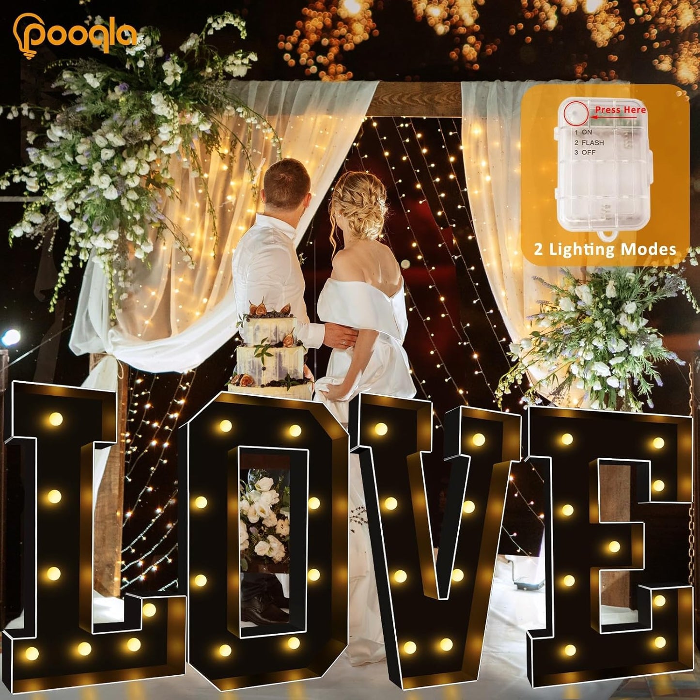 Pooqla 3 FT Marquee Light Up Letters, Black Marquee Letter Lights 3 Feet Tall, Giant LED Sign Big Mosaic Letters for Balloons Birthday Party Anniversary Wedding Decorations, Warm White F