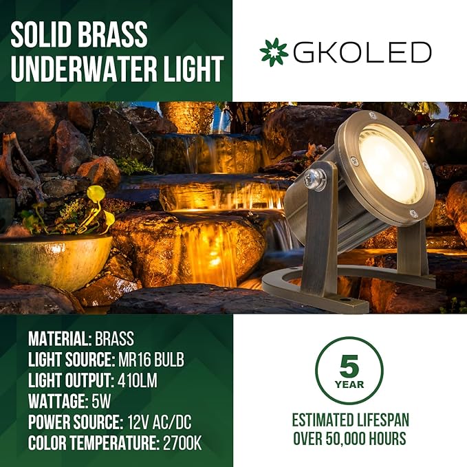 GKOLED Solid Brass Underwater Light, Low Voltage LED Pond Lights, Submersible Fountain Lighting with 5W 2700K 410LM MR16 Bulb, 9-15V AC/DC Outdoor Landscape Light, IP68 Rated Pool Spotlights, 2 Pack