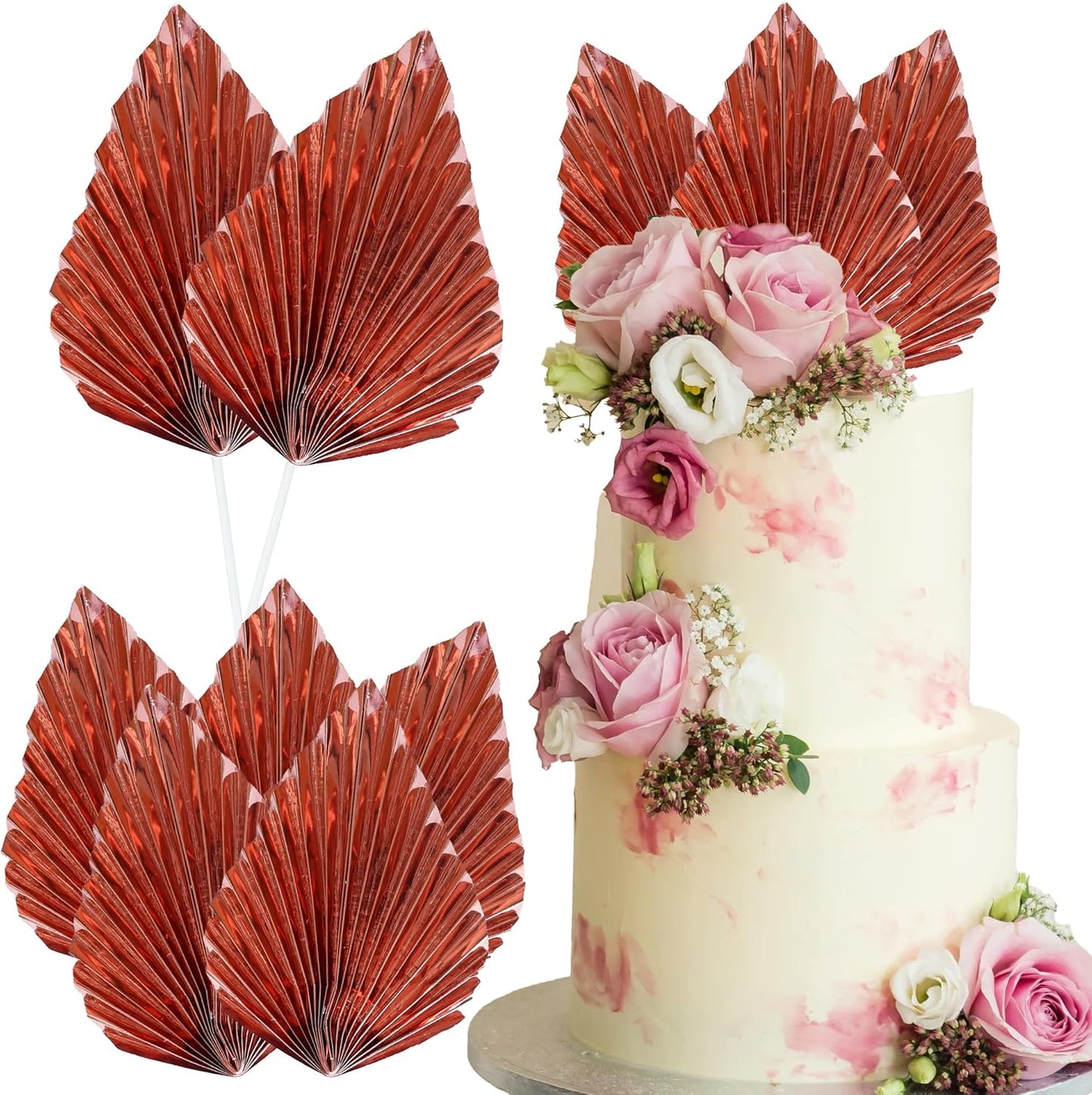 Ephlyn 6Pcs Paper Palm Leaves Fan Cake Toppers Palm Leaf Fan Cake Picks Craft DIY Fan Palm Spear Leaves Cake Decorations for Wedding Birthday Party Supplies Bright Rose Gold
