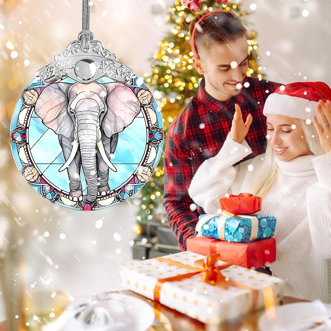 Stained Glass Christmas Ornament, Jocidea Elephant Christmas Decorations, Christmas Tree Ornament, Elephant Lovers Gifts, Holiday Decor and Xmas Gifts Ideas