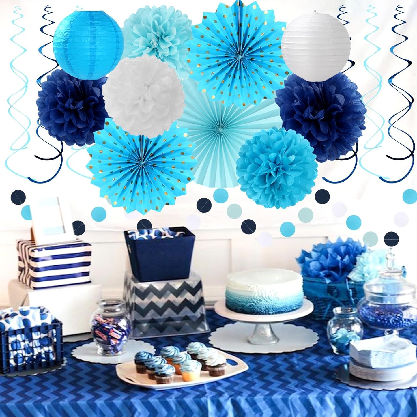 Light Royal Navy-Blue White Party-Decorations - 33pcs Kits Banner, Streamers Tassel Garland,Tissue Pom Poms Honeycomb, Paper Lantern Fans,Birthday Bachelorette Bridal Wedding Baby Shower Decor Hugtmr