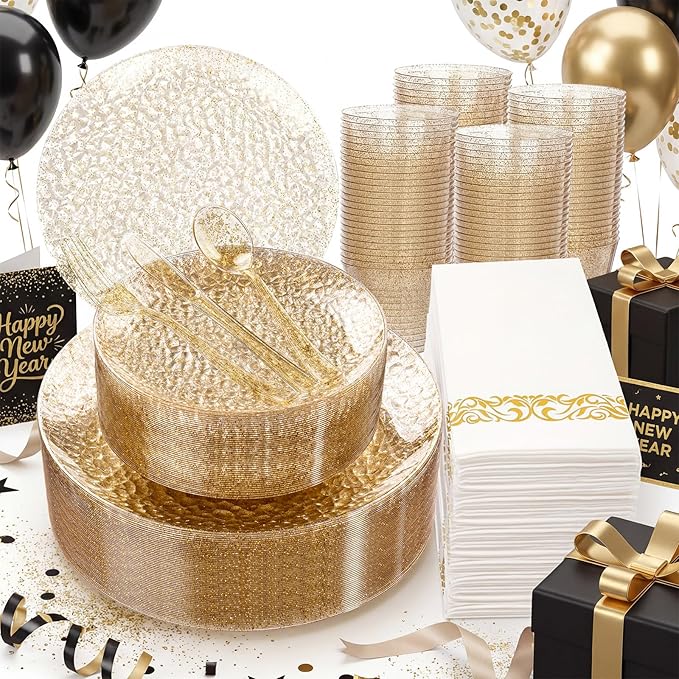 Rubtlamp 350 Pcs Gold Glitter Plastic Plates, Hammered Disposable Plates Set (50 Guests), Glitter Dinnerware Set Include 100 Plastic Plates, 150 Glitter Silverware, 50 Cups And 50 Napkins for New Year
