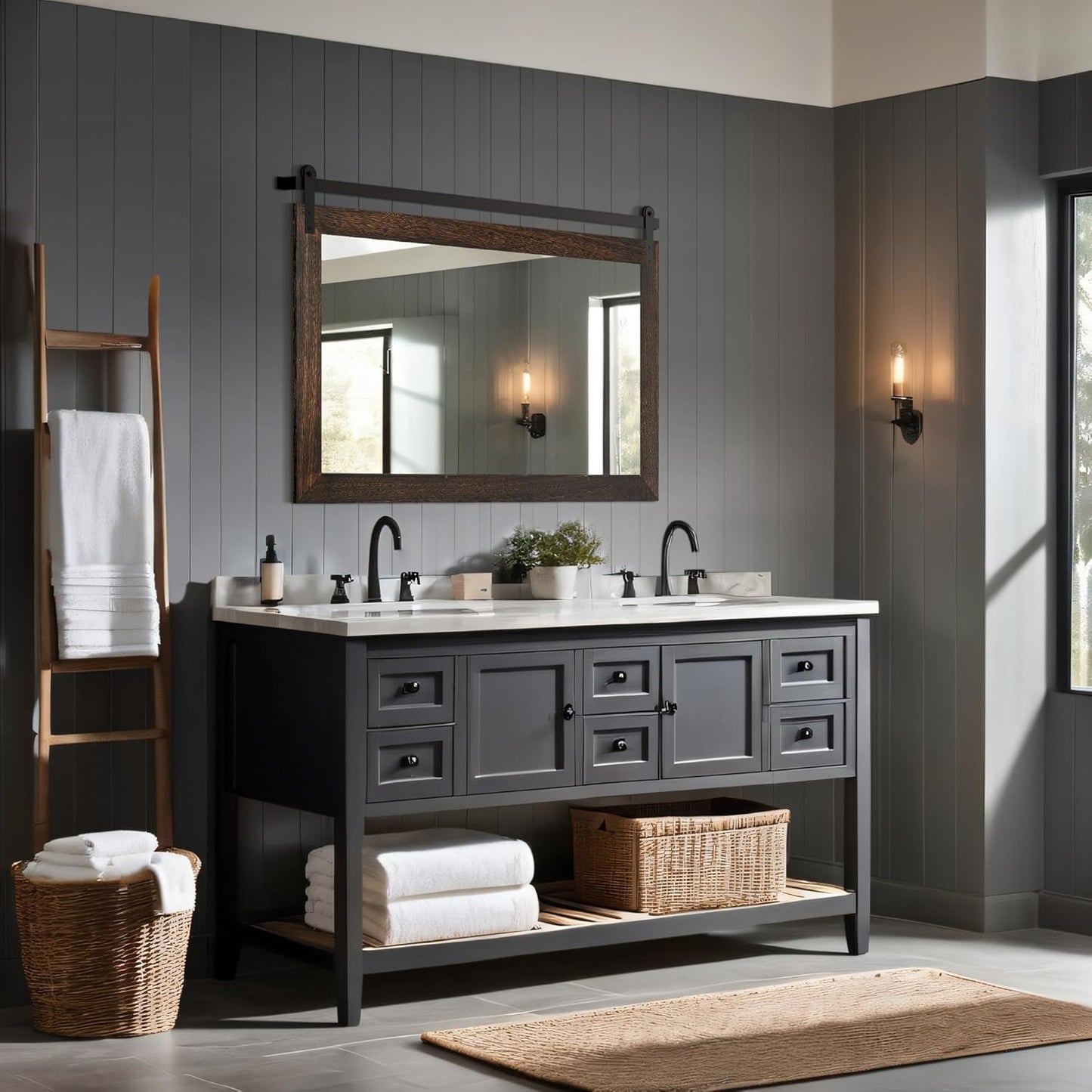 COGOOD Farmhouse Barn Door Mirror - 41 x 26 Rustic Wood Framed Wall Mirror for Bathroom, Living Room, Entryway Wall Decor (Black Brown)