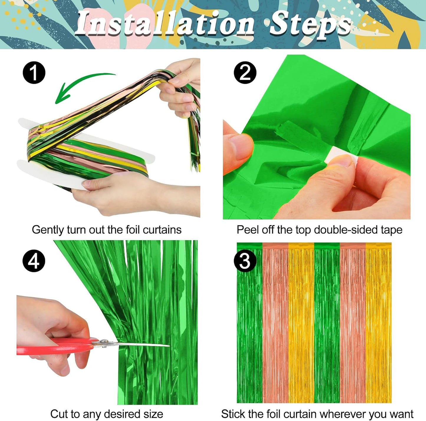 12 Pack Hawaiian Party Decorations, 3.28 FT x 7.05 FT Luau Party Decorations, Green Brown Yellow Luau Backdrop Fringe Curtains Foil Streamer, Metallic Summer Decor Luau Party Supplies