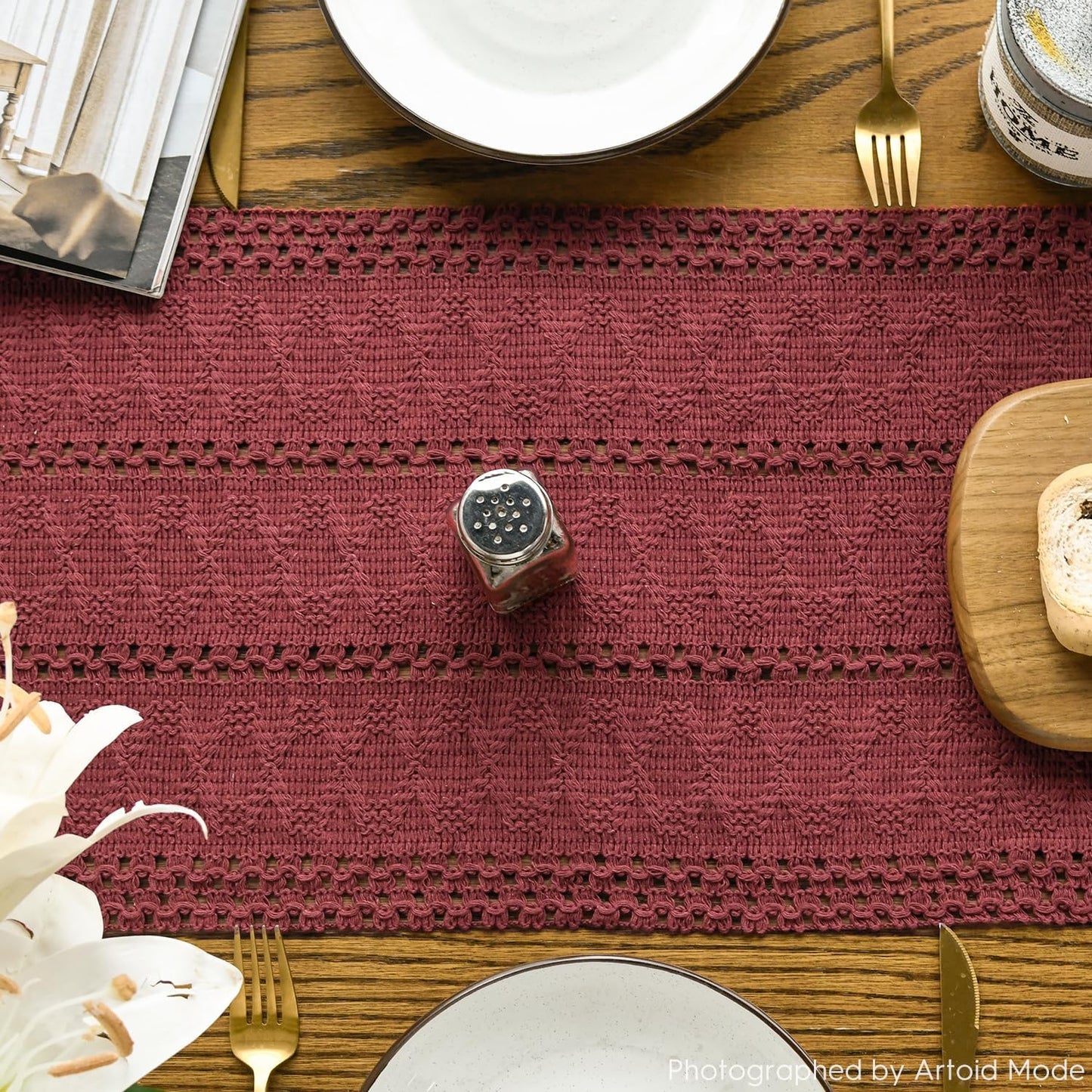 Artoid Mode Red Farmhouse Woven Rustic Hollow Table Runner, Seasonal Holiday Hollow Kitchen Dining Table Decoration for Home Party Decor 12x120 Inch