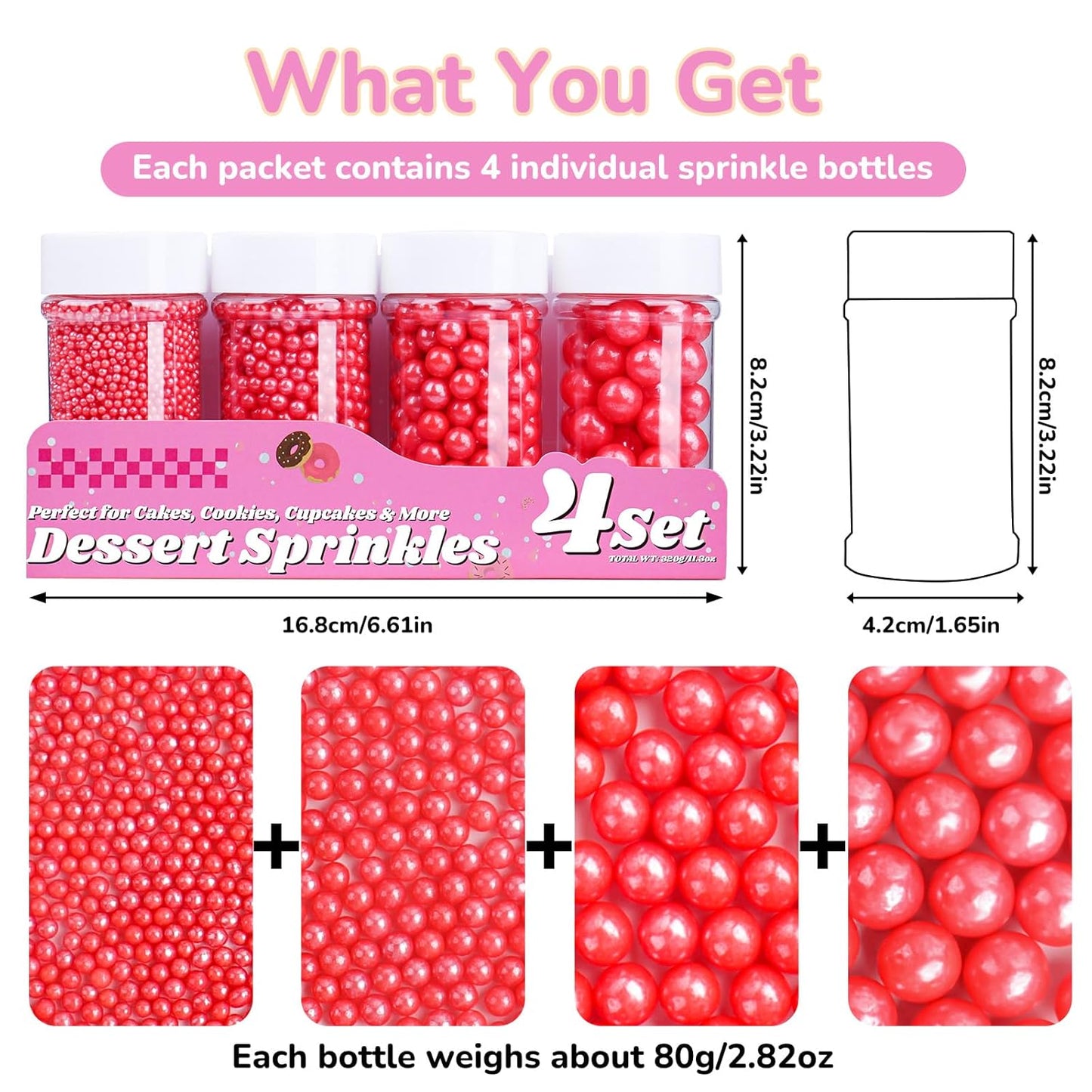 Red Pearl Sprinkles for Cake Decorating, 11.3 Oz Edible Pearls Sugar 4 Sizes Gift Box Set for Baking Cookie Ice Cream Cupcake Toppings