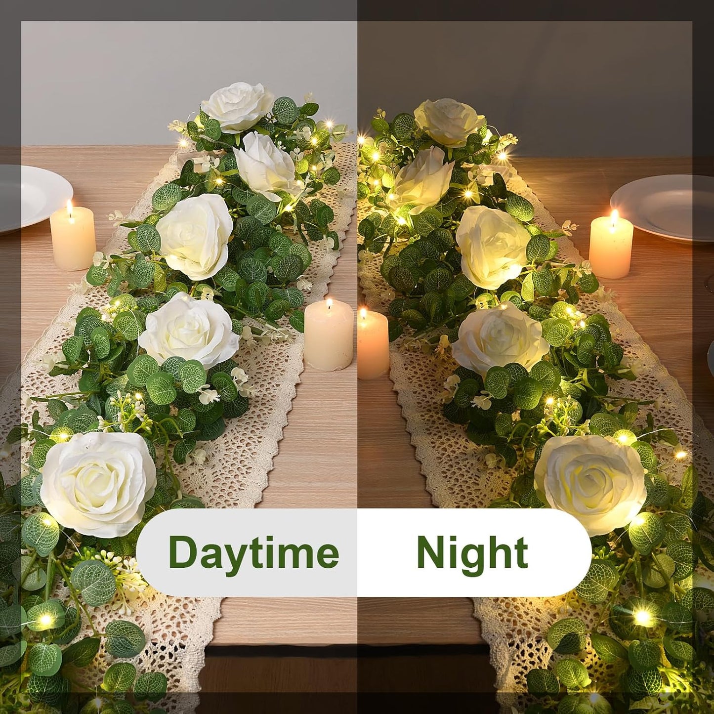 Dolicer 2Pcs 13Ft Artificial Eucalyptus Garlands with Flowers - 8 Roses, Faux Floral Greenery Garlands with 13Ft String Lights Fake Flower Vines for Wedding Table Centerpieces Arch Party Decor (White)