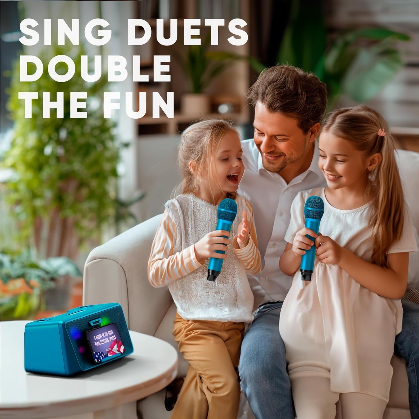 MASINGO Karaoke Machine for Adults and Kids with 2 Wireless Microphones, Portable Bluetooth Singing Speaker, Colorful LED Lights, PA System, Lyrics Display Phone Holder, and TV Cable. Presto G2